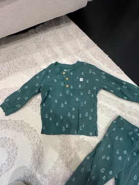Carter's Teal Green Thermal Pajama Set with White Tree Print